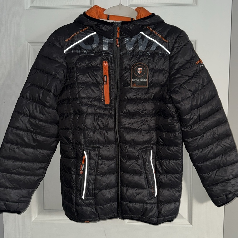 Geographical Norway Puffer Jacket – Size 12, Dark Grey/Orange, Hooded + Bag